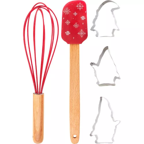 Konyhai eszközkészlet, 5 darabos karácsonyi mintás készlet, habverő, spatula fa nyéllel, süteményes minták, dekoratív ünnepi kiegészítő