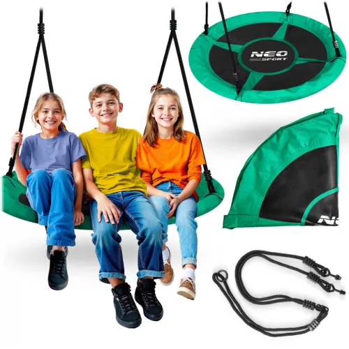 Fészekhinta, Neo-Sport Swingo, fekete/zöld, átmérő: 115 cm, vízálló, állítható kötélmagasság: 137-179 cm, acél váz, párnázott, Oxford 600D poliészter, teherbírás: 150 kg, kerek