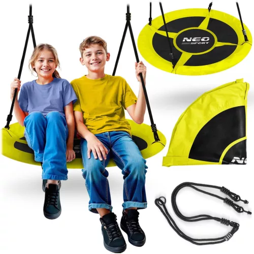 Fészekhinta, Neo-Sport Swingo, fekete/sárga, átmérő: 105 cm, vízálló, állítható kötélmagasság: 137-179 cm, acél váz, párnázott, Oxford 600D poliészter, teherbírás: 150 kg, kerek