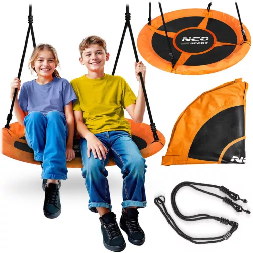 Fészekhinta, Neo-Sport Swingo, fekete/narancssárga, átmérő: 105 cm, vízálló, állítható kötélmagasság: 137-179 cm, acél váz, párnázott, Oxford 600D poliészter, teherbírás: 150 kg, kerek