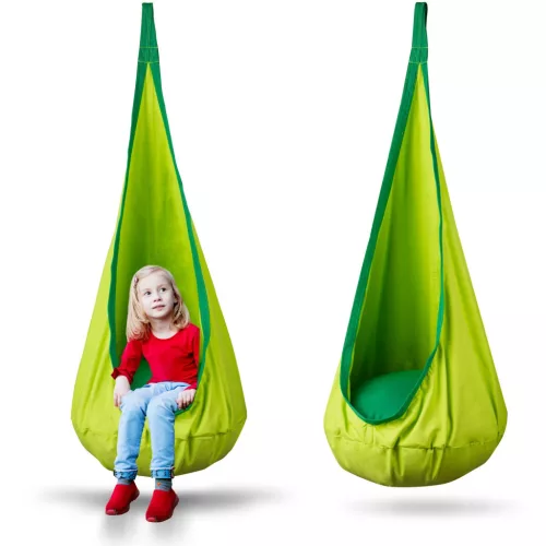 Gyerek függőfotel, Neo-Sport Kokon, zöld, átmérő: 55 cm, magasság: 140 cm, akasztóval, párnával, mosható, teherbírás: 80 kg