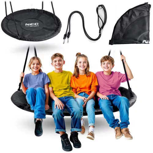 Fészekhinta, Neo-Sport NS-103, fekete, átmérő: 120 cm, vízálló, állítható kötélmagasság: 90-160 cm, acél váz, párnázott, Oxford 600D poliészter, teherbírás: 150 kg, kerek