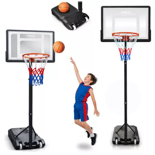 Kosárlabdapalánk, Neo-Sport NS-280, mobil, állítható, 150-210 cm magasság, szabadon álló, kerekekkel, acél váz, PVC palánk 82 x 59 cm, 38 cm gyűrű, 33 l tölthető talp (TE1280)