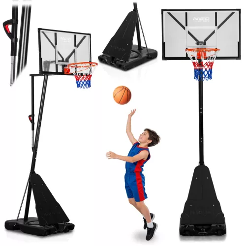 Kosárlabdapalánk, Neo-Sport NS-284, mobil, állítható, 160-305 cm magasság, szabadon álló, kerekekkel, acél váz, PVC palánk 110 x 70 cm, 45 cm gyűrű, 65 l tölthető talp (TE1284)