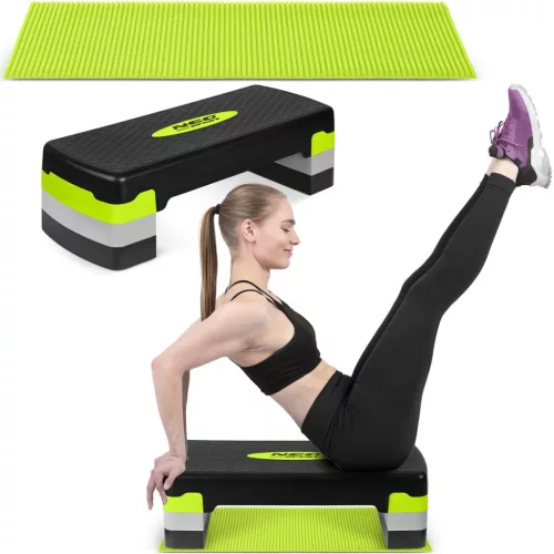 Aerobik lépcső, Neo-Sport, NS-400, zöld, 28 × 68 × 20 cm, 3 szint, csúszásgátlós, vízálló, teherbírás: 200 kg teherbírás, csúszásgátló szőnyeggel (TE140000)