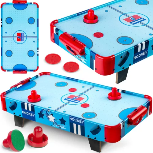 Léghoki asztal, Neo-Sport NS-422 Air Hockey, világoskék, 61 x 32,5 x 14 cm, hordozható, légáram rendszer, 2 ütővel és 2 koronggal, analóg számláló, elemes (3 db AA)