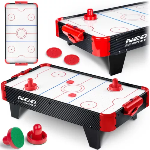 Léghoki asztal, Neo-Sport NS-424 Air Hockey, fehér, 80,5 x 42 x 22 cm, hordozható, légáram rendszer, 2 ütővel és 2 koronggal, analóg számláló, elemes (6 db AA)