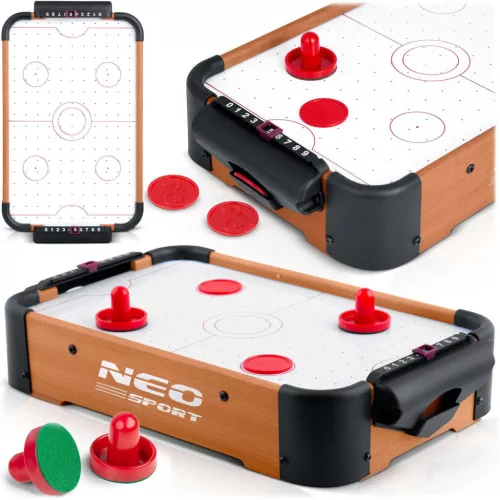 Léghoki asztal, Neo-Sport NS-440 Air Hockey Mini, fehér, 38 x 21,5 x 7 cm, hordozható, légáram rendszer, 2 ütővel és 2 koronggal, analóg számláló, elemes (6 db AA)