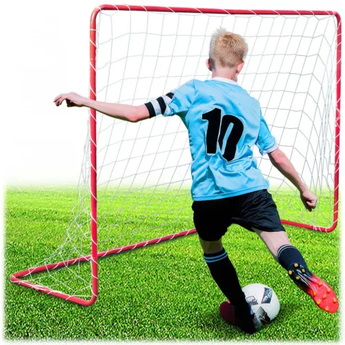 Futballkapu, Neo-Sport NS-450, 183 x 122 x 61 cm, piros keret, fehér PE háló, fém váz, időjárásálló, 4 db rögzítő, könnyű kivitel, szerszám nélkül összeszerelhető
