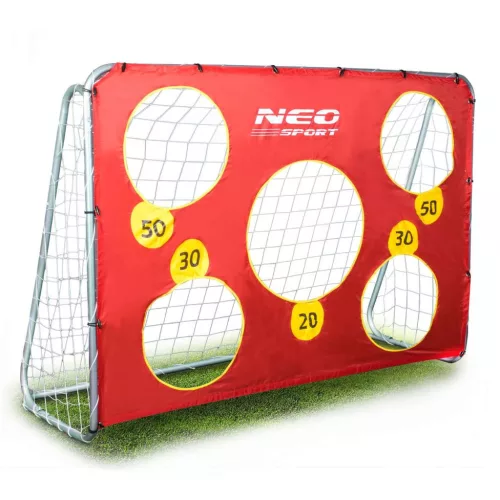 Futballkapu, Neo-Sport, 215 x 153 x 76 cm, PE háló, fém váz, időjárásálló, célzó ponyvával, rögzítővel, szerszám nélkül szerelhető