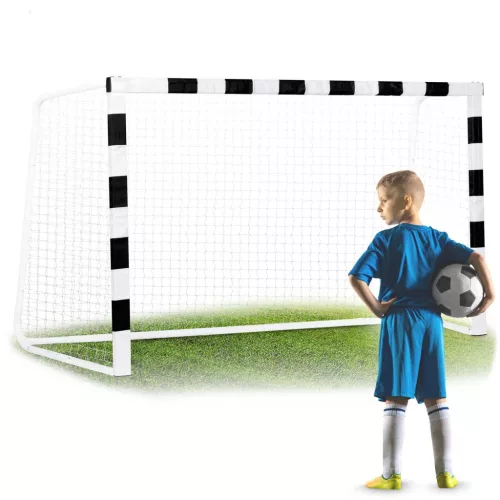 Futballkapu, Neo-Sport NS-465, 300 x 200 x 120 cm, fekete-fehér, fehér PE háló, fém váz, időjárásálló, keretvédő fedéllel, szerszám nélkül összeszerelhető