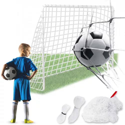 Futballkapu háló, Neo-Sport, fehér, 300 x 200 x 90 cm, PE, strapabíró, nagy ütésállóság, rögzítő kötelekkel, könnyen szerelhető