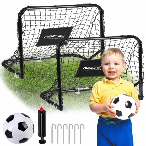 Futballkapu, Neo-Sport NS-486, 60 x 45 x 25 cm, 2 db, fekete keret, fekete PE háló, műanyag váz, időjárásálló, 6 db rögzítő, 1 labda, 1 pumpa, szerszám nélkül összeszerelhető (TE1486)