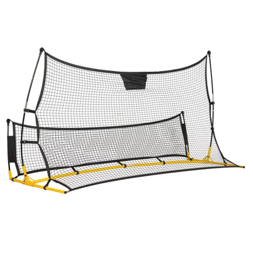 Visszapattanó futball edzőháló, Neo-Sport, 210 x 120 x 35 cm, kétoldalas, 2 az 1-ben, fém váz, fekete PE háló, 4 db rögzítő, beltéri és kültéri