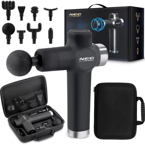 Masszázspisztoly, Neo-Sport NS-501, fekete, akkumulátoros, 8 cserélhető fej, 7 sebességfokozat, USB-C töltés, 2500 mAh, 3200 ütés/perc