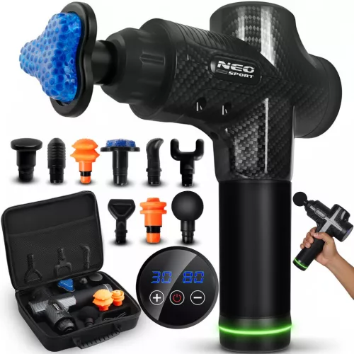 Masszázspisztoly, Neo-Sport NS-503, fekete, akkumulátoros, 9 cserélhető fej, 30 sebességfokozat, USB-C töltés