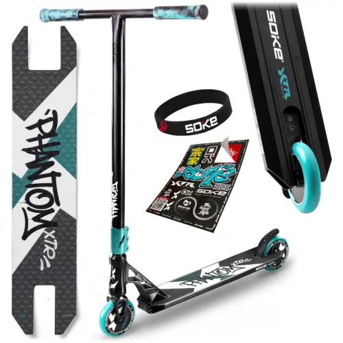 Trükkroller, SOKE XTR, türkiz/fekete, 87 cm, 11 cm 88A alumínium magos kerekek, ABEC-9 csapágy, T kormány, HIC kompresszió, Hybrid Steel fék, tripla króm bilincs, maximum 100 kg