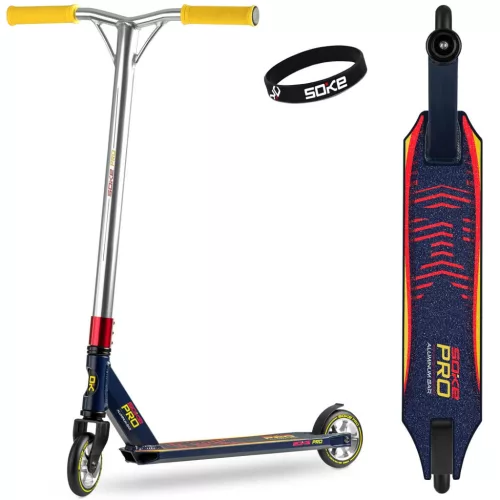 Kaszkadőr roller, SOKE PRO, sötétkék, 85 cm, 11 cm 88A PU kerekek, ABEC-9 csapágy, alumínium Y kormány, HIC kompresszió, Flex Fender fék