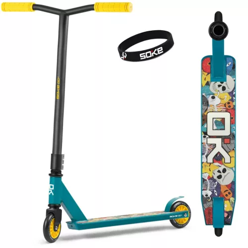 Kaszkadőr roller, SOKE GO!, sárga, 83 cm, 10 cm 88A PU kerekek, ABEC-9 csapágy, Y kormány, Flex Fender fék, tripla alumínium bilincs