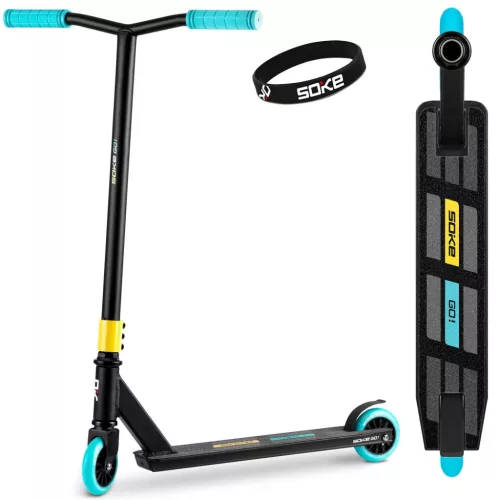 Kaszkadőr roller, SOKE GO!, fekete, 82 cm, 10 cm 88A PU kerekek, ABEC-9 csapágy, Y kormány, Flex Fender fék, tripla alumínium bilincs