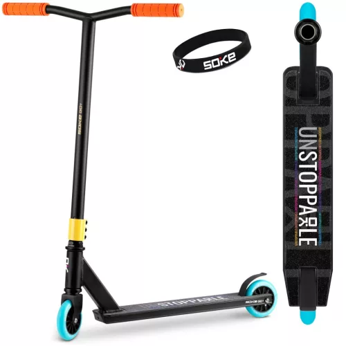 Kaszkadőr roller, SOKE GO!, narancssárga, 82 cm, 10 cm 88A PU kerekek, ABEC-9 csapágy, Y kormány, Flex Fender fék, tripla alumínium bilincs