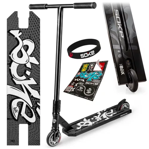 Trükkroller, SOKE BOX, fekete, 92 cm, 11 cm 88A alumínium magos kerekek, ABEC-9 csapágy, T kormány, SCS kompresszió, Flex Fender fék, négy csavaros 4NEROClamp bilincs, maximum 100 kg