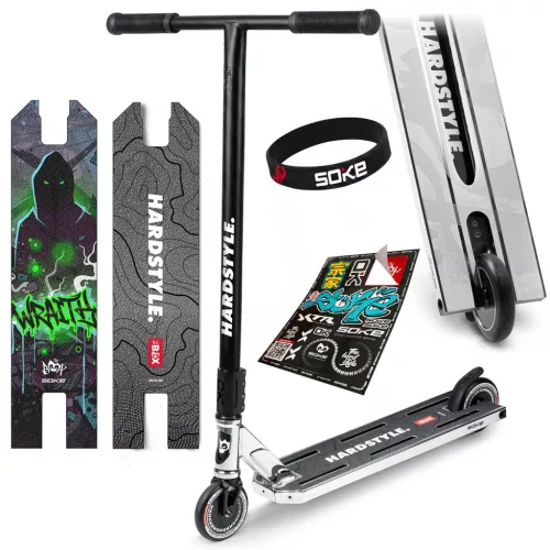 Trükkroller, SOKE BOX, ezüst, Wraith minta, 92 cm, 11 cm 88A alumínium magos kerekek, ABEC-9 csapágy, T kormány, SCS kompresszió, Flex Fender fék, négy csavaros 4NEROClamp bilincs, maximum 100 kg