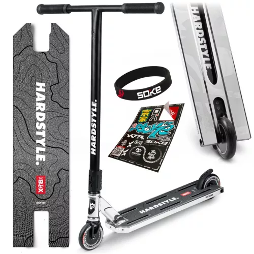 Trükkroller, SOKE BOX, ezüst, 92 cm, 11 cm 88A alumínium magos kerekek, ABEC-9 csapágy, T kormány, SCS kompresszió, Flex Fender fék, négy csavaros 4NEROClamp bilincs, maximum 100 kg