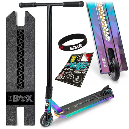 Trükkroller, SOKE BOX, színes, 92 cm, 11 cm 88A alumínium magos kerekek, ABEC-9 csapágy, T kormány, SCS kompresszió, Flex Fender fék, négy csavaros 4NEROClamp bilincs, maximum 100 kg