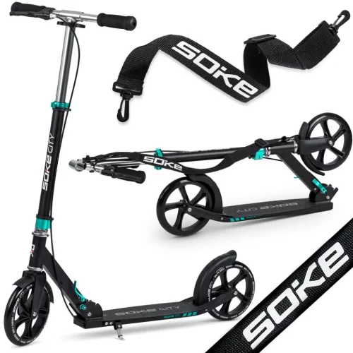 Klasszikus roller, SOKE City, türkiz, összecsukható, 20 cm 88A PU kerekek, ABEC-9 csapágy, kézi és lábfék, állítható magasság, maximum 100 kg
