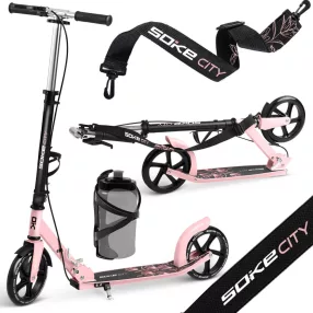   Klasszikus roller, SOKE City, rózsaszín, összecsukható, 20 cm 88A PU kerekek, ABEC-9 csapágy, kézi és lábfék, állítható magasság, maximum 100 kg