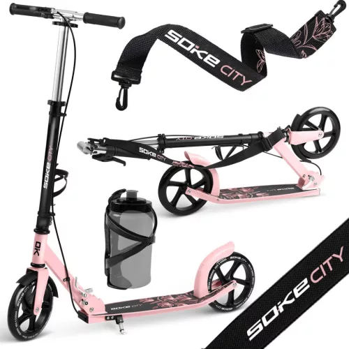 Klasszikus roller, SOKE City, rózsaszín, összecsukható, 20 cm 88A PU kerekek, ABEC-9 csapágy, kézi és lábfék, állítható magasság, maximum 100 kg