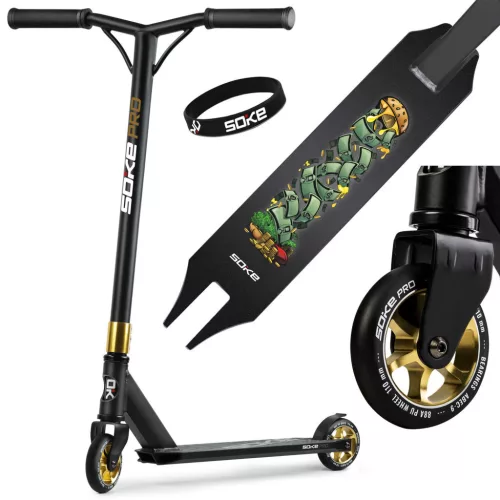 Kaszkadőr roller, SOKE PRO, arany, mintás, 85 cm, 11 cm 88A PU kerekek, ABEC-9 csapágy, HIC kompresszió, Y kormány, max. 100 kg