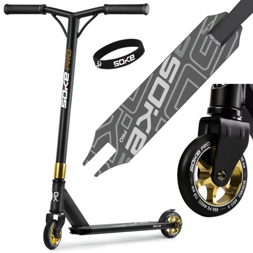 Kaszkadőr roller, SOKE PRO, arany, 85 cm, 11 cm 88A PU kerekek, ABEC-9 csapágy, HIC kompresszió, Y kormány, max. 100 kg