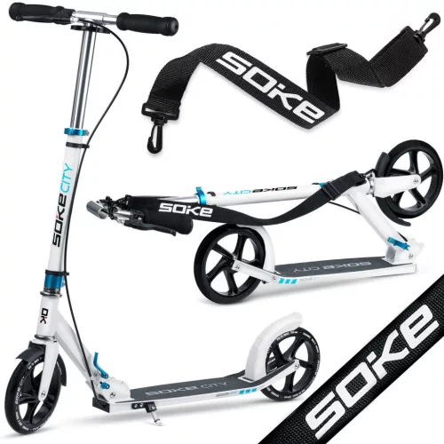 Klasszikus roller, SOKE City, fehér, összecsukható, 20 cm 88A PU kerekek, ABEC-9 csapágy, kézi és lábfék, állítható magasság, maximum 100 kg