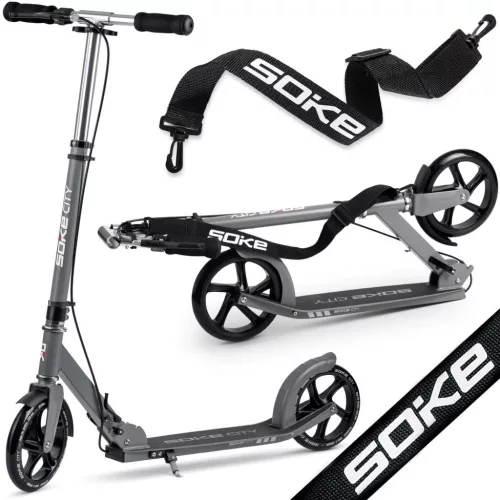 Klasszikus roller, SOKE City, szürke, összecsukható, 20 cm 88A PU kerekek, ABEC-9 csapágy, kézi és lábfék, állítható magasság, maximum 100 kg