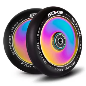   Roller kerék szett, SOKE, 11 cm, neokróm, teljes, 2 db, ABEC-9 csapágy, 88A keménység, alumínium + PU, 0,8 cm tengely
