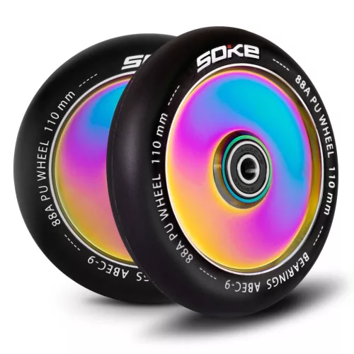 Roller kerék szett, SOKE, 11 cm, neokróm, teljes, 2 db, ABEC-9 csapágy, 88A keménység, alumínium + PU, 0,8 cm tengely