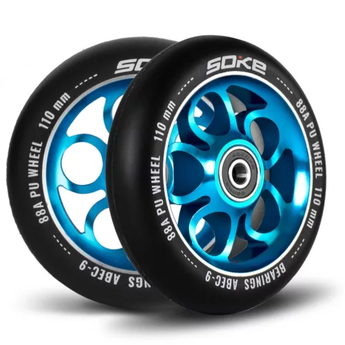 Roller kerék szett, SOKE, 11 cm, kék, 2 db, ABEC-9 csapágy, 88A keménység, alumínium + PU, 0,8 cm tengely
