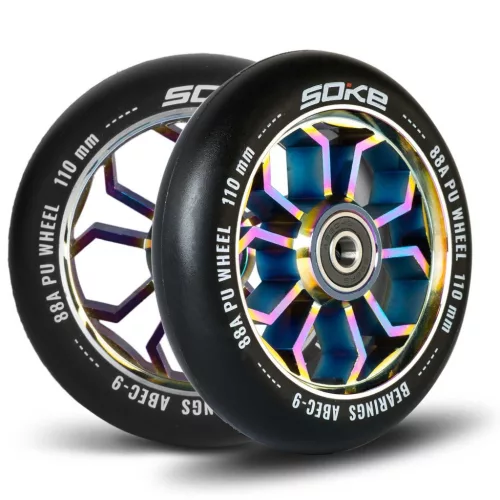 Roller kerék szett, SOKE, 11 cm, neokróm, 2 db, ABEC-9 csapágy, 88A keménység, alumínium + PU, 0,8 cm tengely
