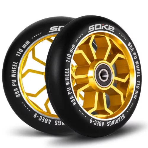 Roller kerék szett, SOKE, 11 cm, arany, 2 db, ABEC-9 csapágy, 88A keménység, alumínium + PU, 0,8 cm tengely