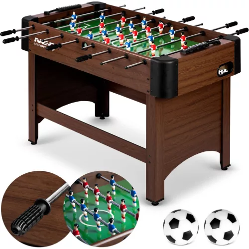 Csocsóasztal, Neo-Sport NS-804, zöld/sötétbarna, 118 x 61 x 79 cm, állítható lábak, MDF játéktér, 22 játékos, 2 labda, 8 krómozott rúd, csúszásgátló fogantyúk, kézi számláló