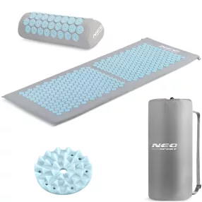   Akupresszúrás szőnyeg, Neo-Sport NS-901, szürke/kék, 127 x 48 x 2,5 cm, párnával, hordtáskával, levehető pamut huzat, 378 + 51 db tüskés rozetta