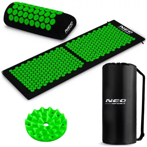 Akupresszúrás szőnyeg, Neo-Sport NS-901, fekete/zöld, 125 x 46 x 2,5 cm, párnával, hordtáskával, levehető pamut huzat, 378 + 51 db tüskés rozetta