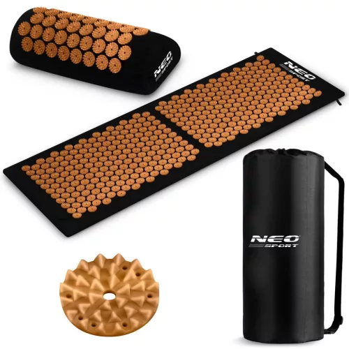 Akupresszúrás szőnyeg, Neo-Sport NS-901, fekete/arany, 125 x 46 x 2,5 cm, párnával, hordtáskával, levehető pamut huzat, 378 + 51 db tüskés rozetta