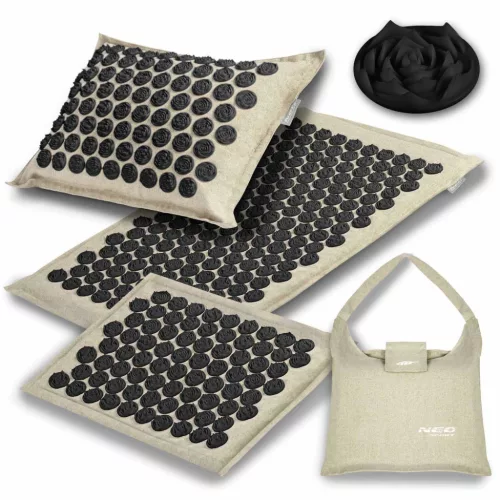 Akupresszúrás szőnyeg, Neo-Sport NS-902, szürke-fekete, 3 részes készlet, 70 × 44 × 3,0 cm + 30,5 × 44 × 3 cm, párnával, hordtáskával, levehető huzat, 316 db korong