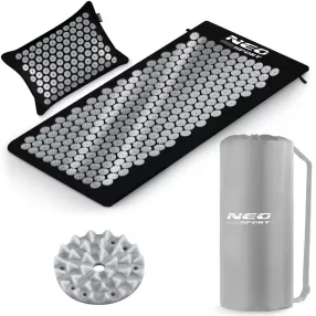   Akupresszúrás szőnyeg, Neo-Sport NS-903, fekete/ezüst, 68 x 42 x 1,5 cm, párnával, levehető pamut huzat, hordtáskával, 230 + 76 tüskés rozetta