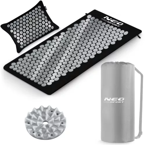 Akupresszúrás szőnyeg, Neo-Sport NS-903, fekete/ezüst, 68 x 42 x 1,5 cm, párnával, levehető pamut huzat, hordtáskával, 230 + 76 tüskés rozetta