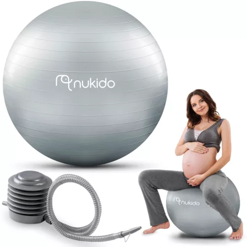 Fitnesz labda, Nukido NS-951, szürke, 65 cm, pukkanásgátló rendszer, csúszásmentes felület, PVC, pumpával, kismamáknak, teherbírás: 200 kg (TE195103)