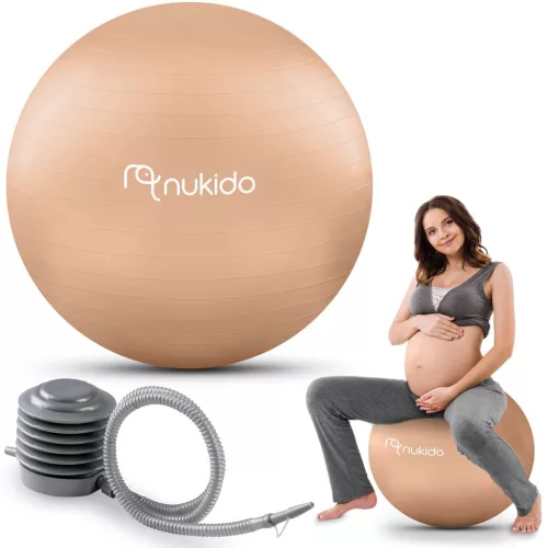 Fitnesz labda, Nukido NS-951, bézs, 65 cm, pukkanásgátló rendszer, csúszásmentes felület, PVC, pumpával, kismamáknak, teherbírás: 200 kg (TE195104)
